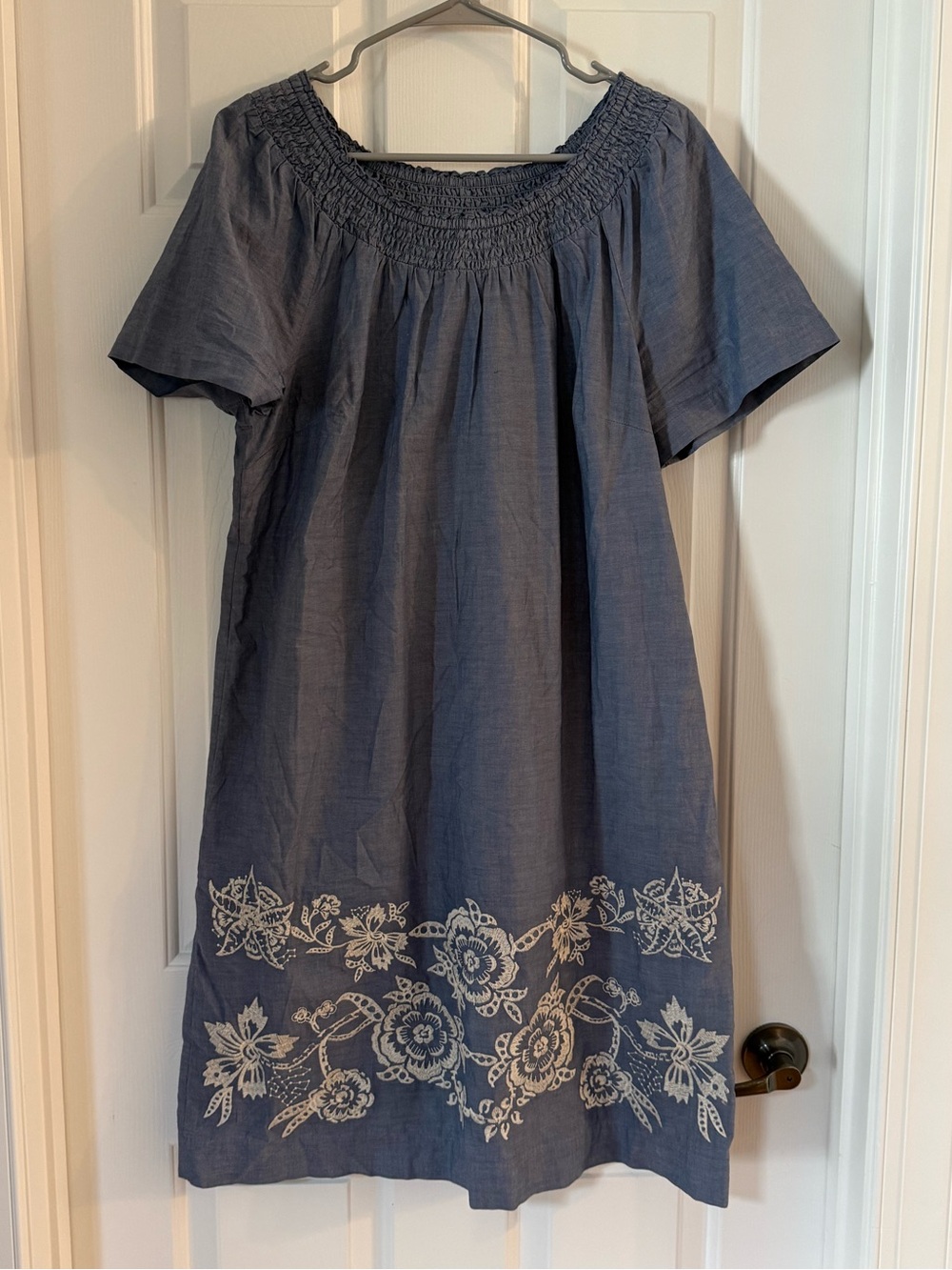 Talbots Blue Short-Sleeve Embroidered Hem Dress